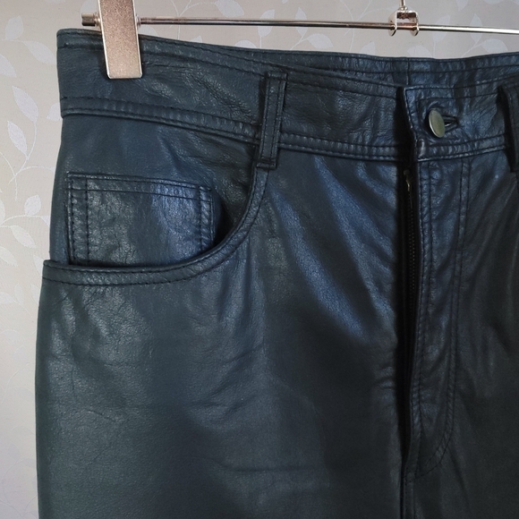 Vintage 90s Genuine Leather High Waisted Straight Leg Pants Black X & T Zeeshi - Picture 4 of 14